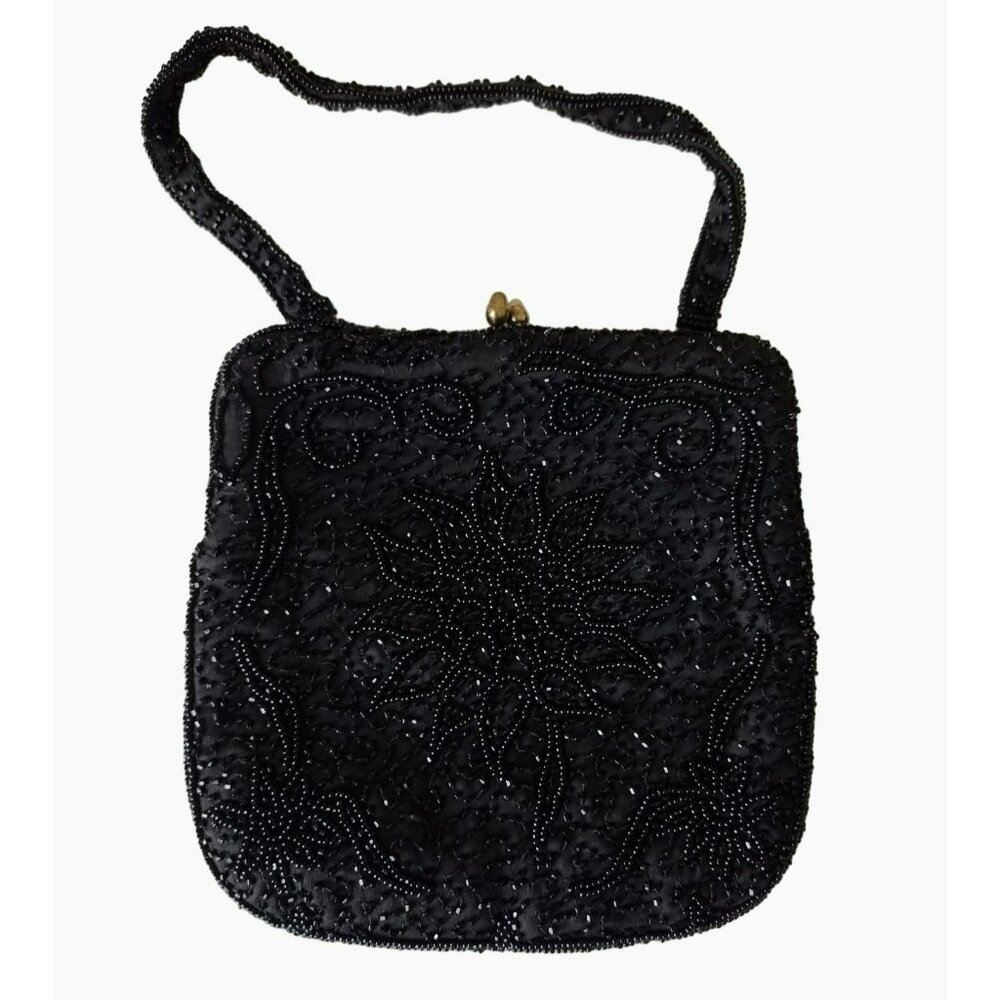 Vintage Black Beaded Evening Bag Floral Design Satin Lined Kiss Lock Clasp 7"
